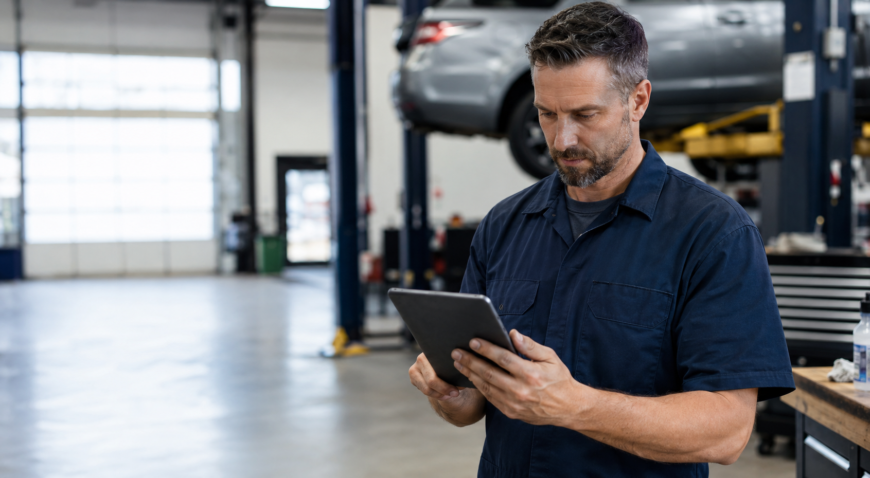 Automotive technician reviewing a repair estimate on a tablet